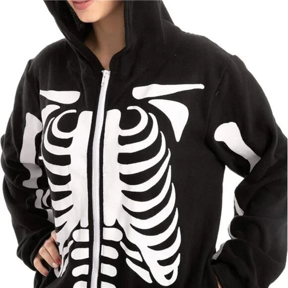 COPY - Adult Skeleton Pajamas with a plush hoodie, perfect for Halloween-themed
